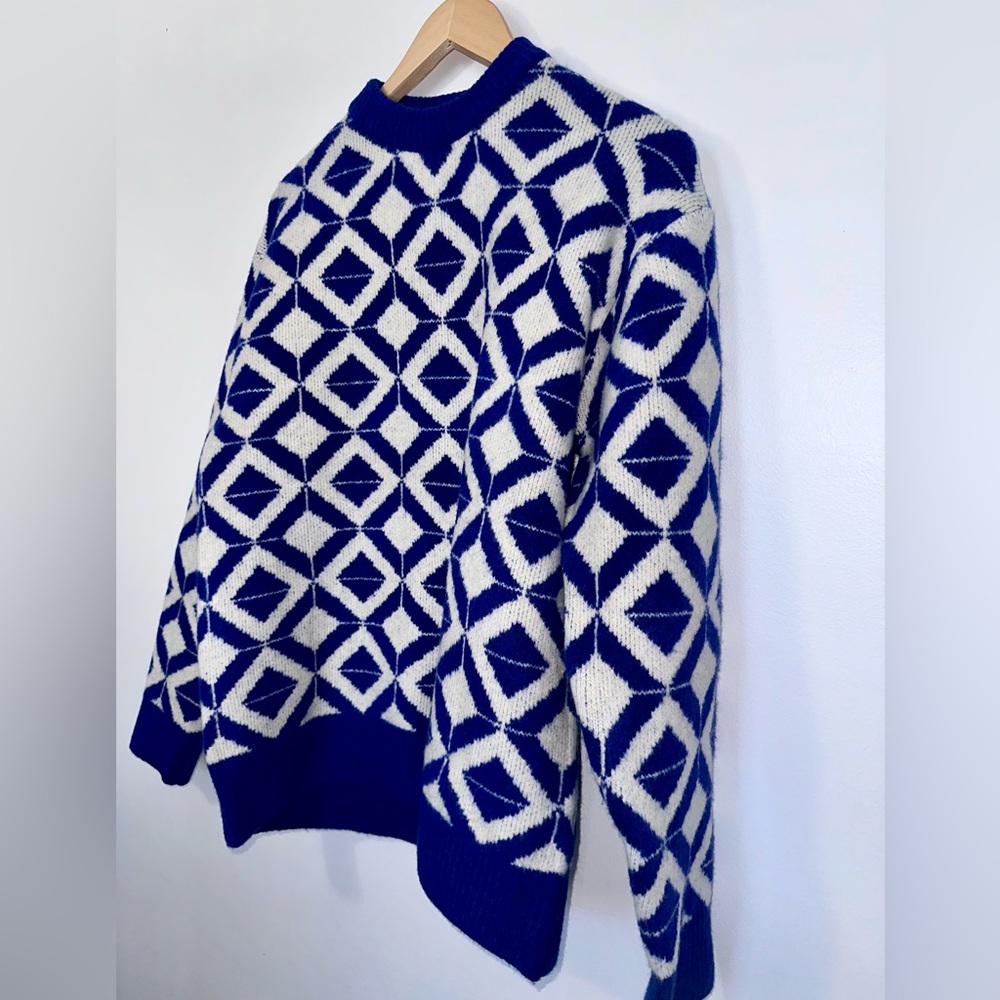 Zara Men's Sweater Blue White Diamond Geometric Size M Crewneck Pullover - Picture 3 of 13